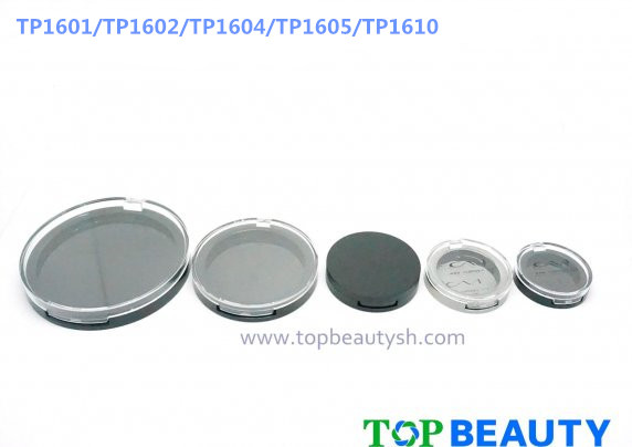 Round single well powder compact container with flat cover family